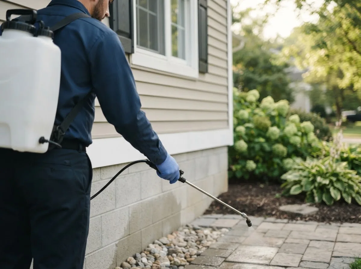 Pest control technician inspecting a home in Quincy, MI